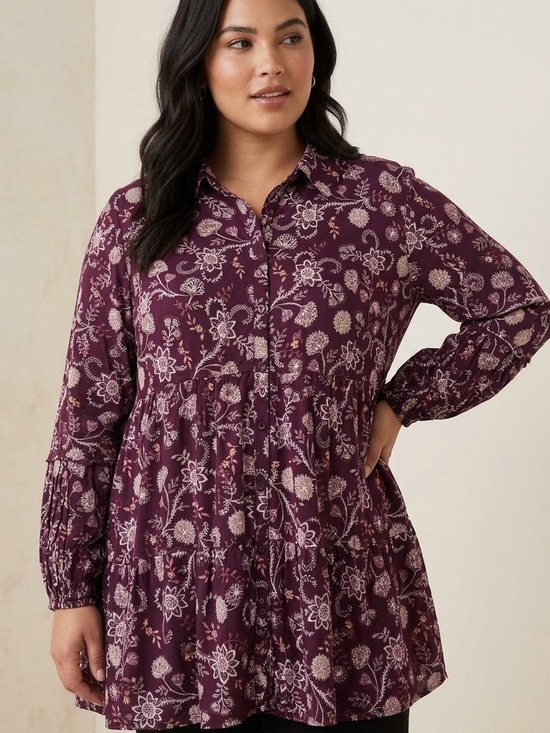 Style & Co. Tops - Style & Co Floral Button-Front Tunic in Plum 2X